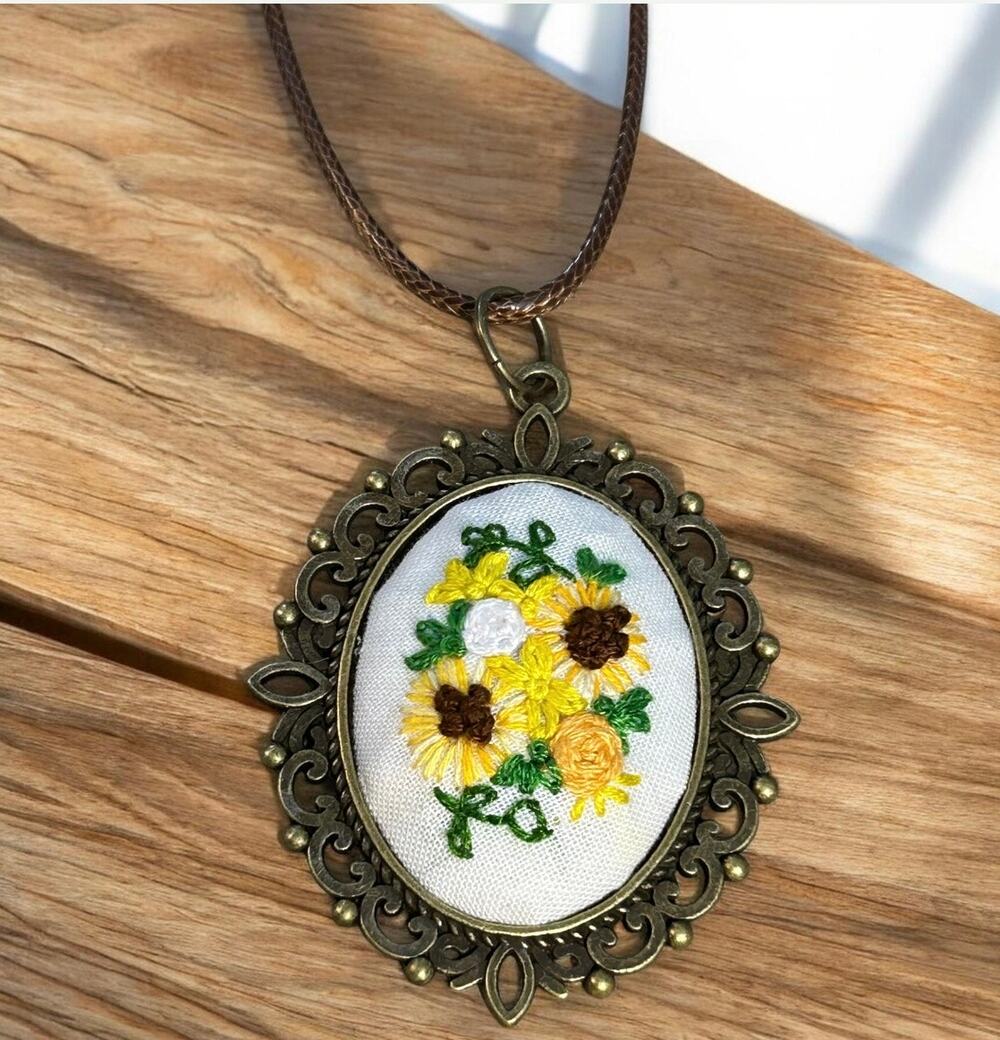 Handmade Sunflower Botanical Embroidery Cameo Necklace